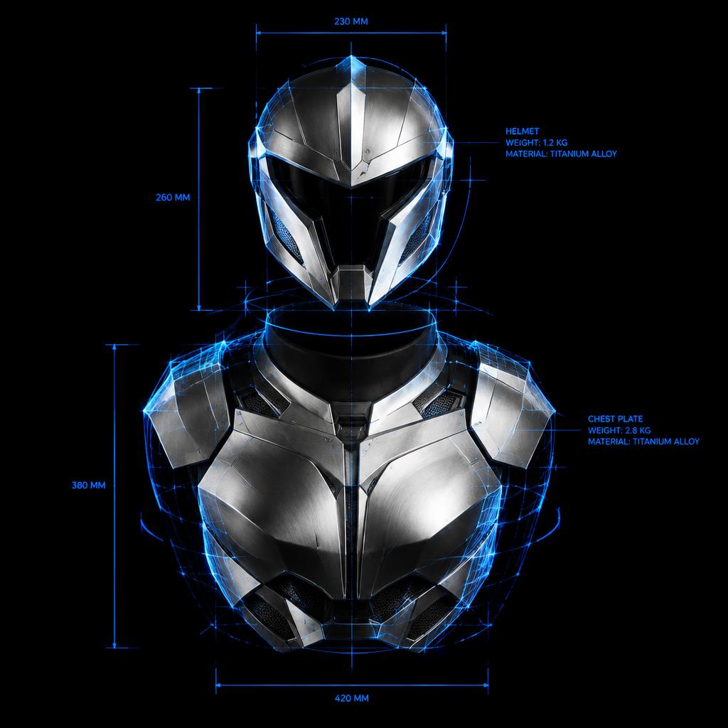 Silver armor helmet and chest plate with blue measurement lines